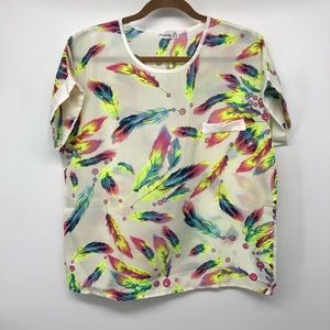 Singwing Sheer Bright Feather Print Top Cap Sleeve